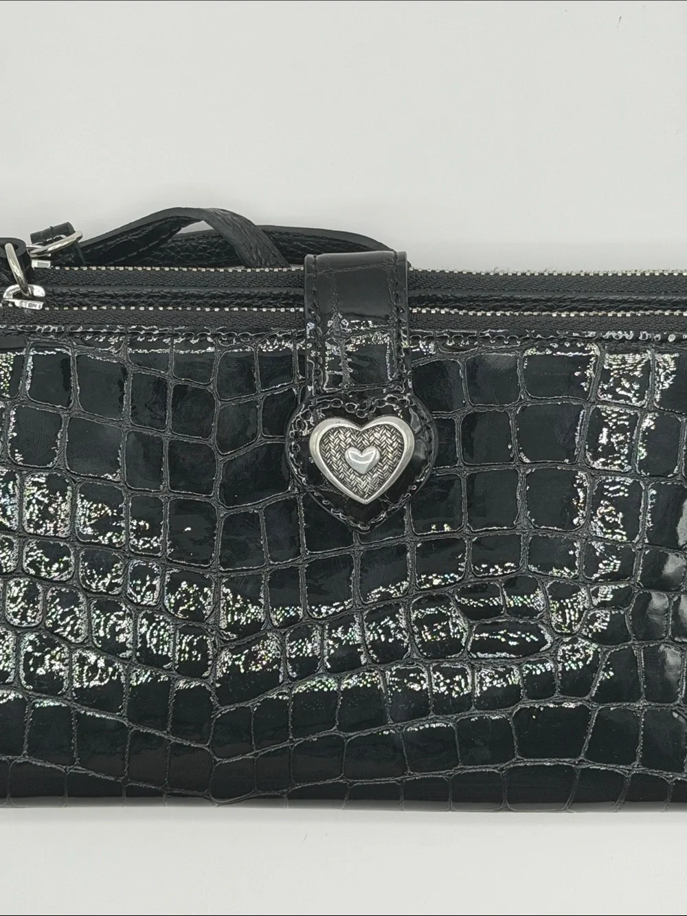 Black Croc-Embossed Wristlet Wallet with Heart Accent